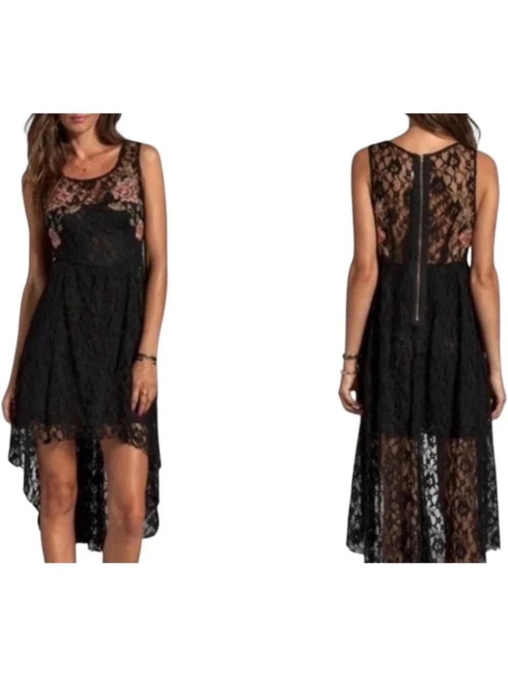 Free People Lace Hi Low Floral Embroidered Midi Dress XS w/ Slip